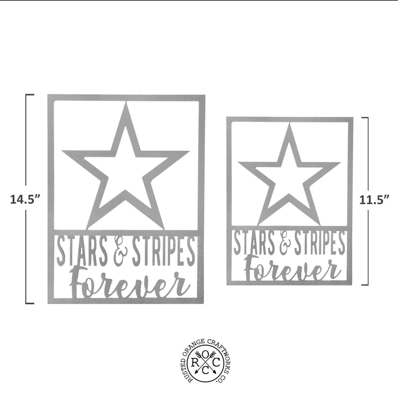 2 metal rectangular patriotic signs showing size comparison.
