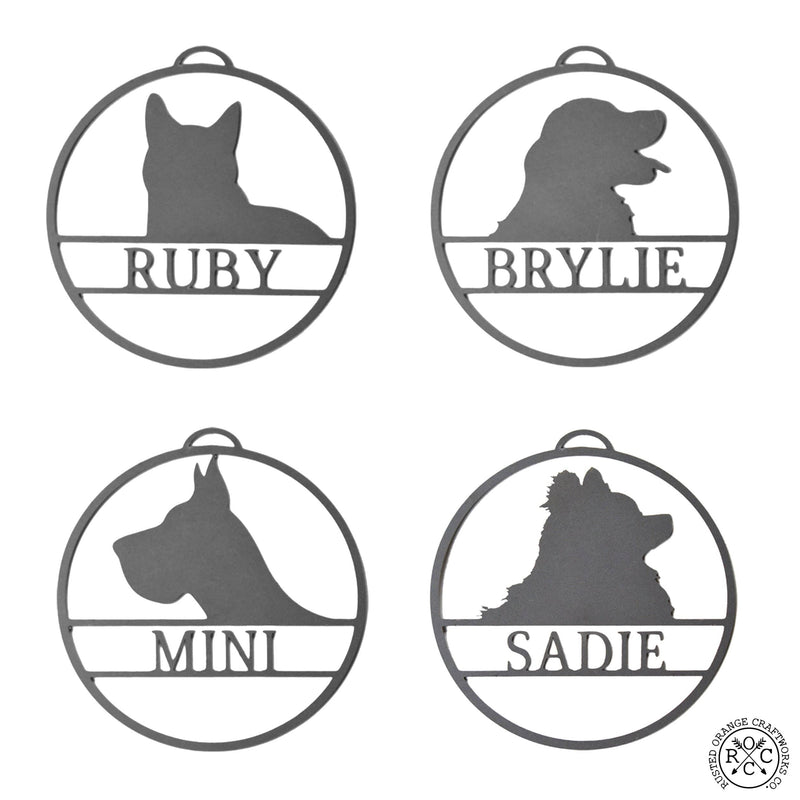 4 round metal ornaments with custom pet name and silhouette.