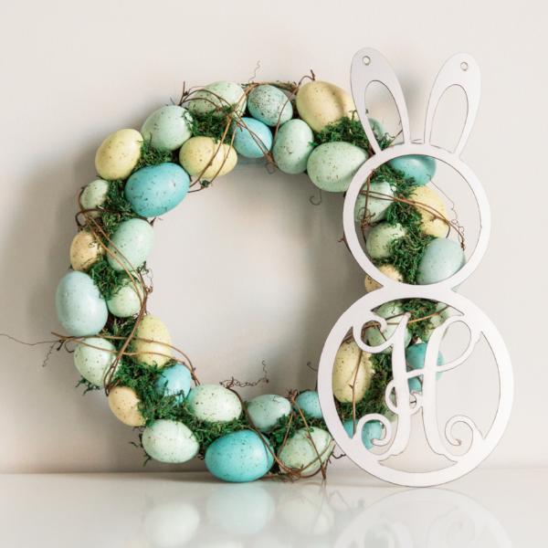 peter cottontail monogram next to easter egg wreath