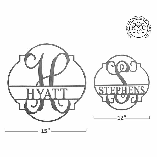 Rusted Orange Craftworks Co. Posters, Prints, & Visual Artwork Emblem Monogram - 2 Sizes - Personalized Metal Family Name Sign Home Decor