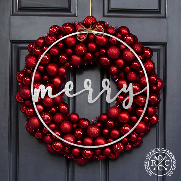 Rusted Orange Craftworks Co. Seasonal & Holiday Decorations 11.5 inch / Merry Minimalist Christmas Greetings - Round Metal Holiday Sign for Front Door