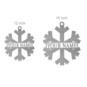 2 metal snowflakes with last name in center showing dimensions. 