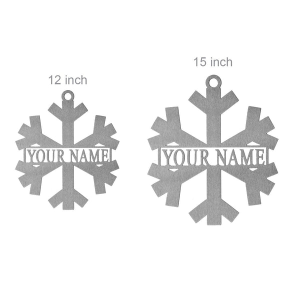 2 metal snowflakes with last name in center showing dimensions. 