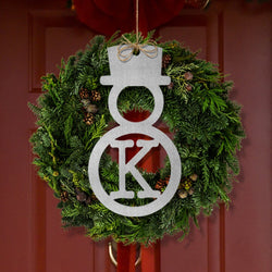 snowman monogram on front door wreath