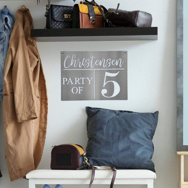 Square metal sign saying Christensen party of 5 hanging on wall with coats and bags.
