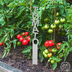 Tomato garden markers staked with tomato plants