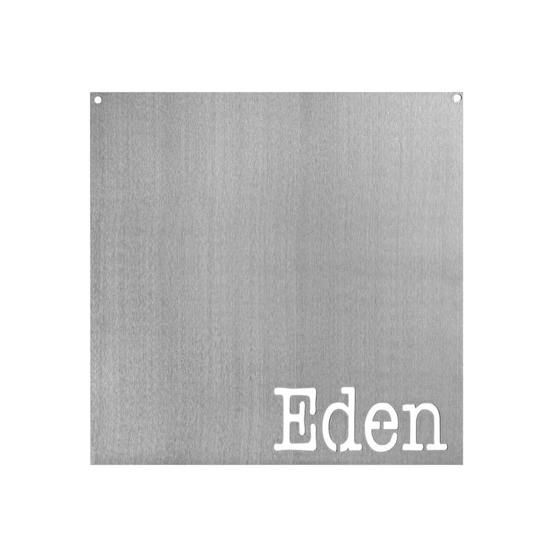 Square metal magnet board with the name Eden etched at the bottom.