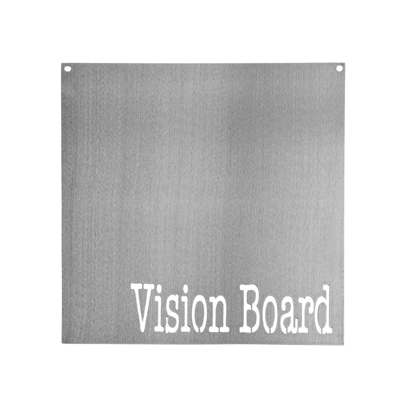 Square metal magnet board with the words vision board etched at the bottom.