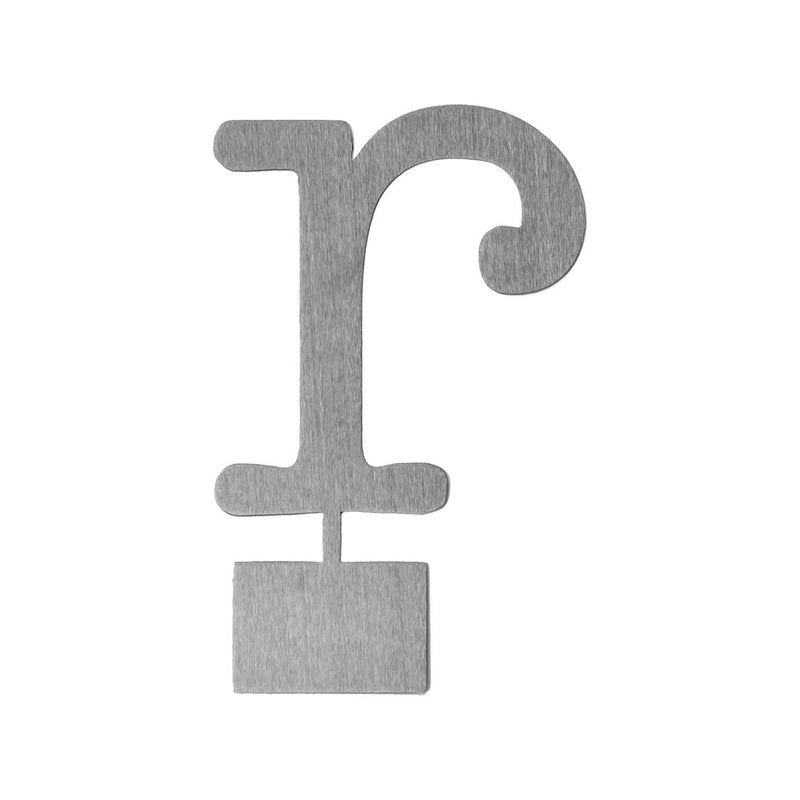 Metal letter R decoration with bendable tab for standing shown against white background.