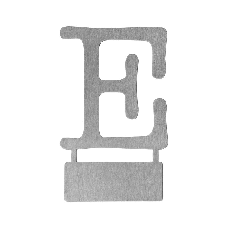 Metal letter E decoration with bendable tab for standing shown against white background.