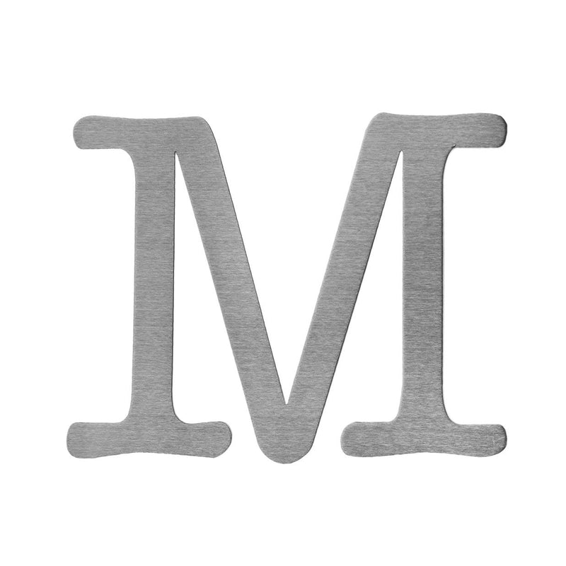 Metal letter M decoration shown against white background.