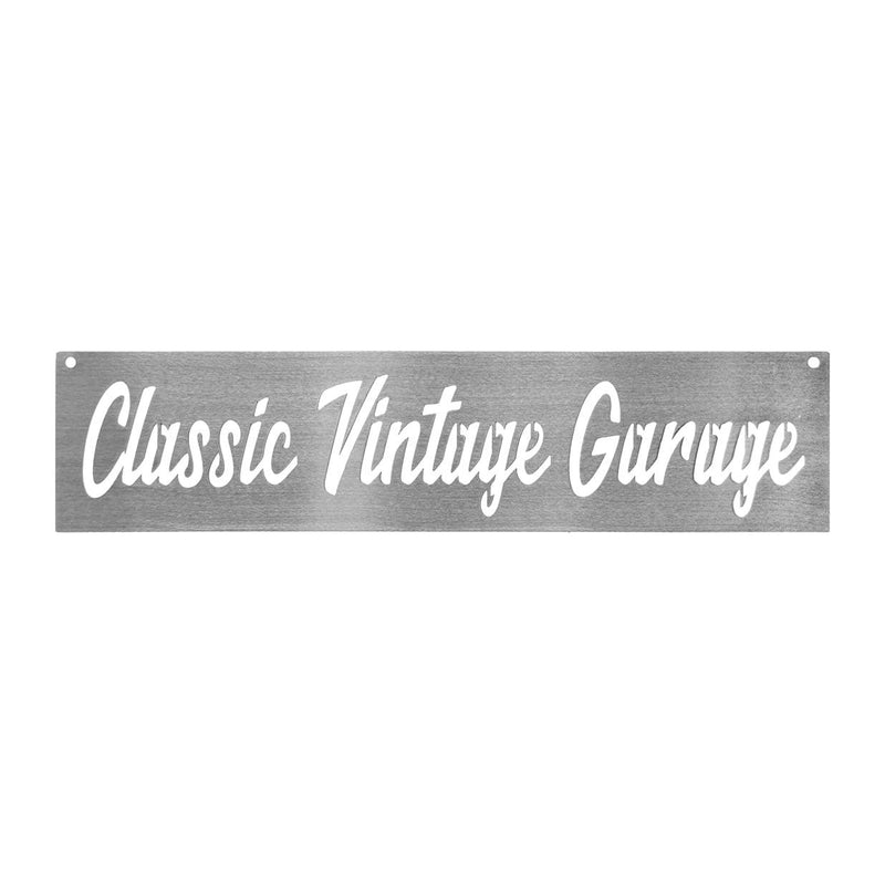Rectangle metal sign saying Classic Vintage Garage shown against white background.