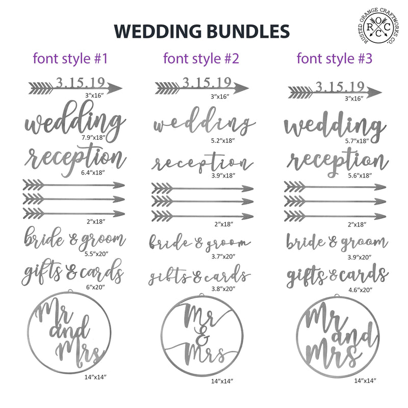 Various metal signs and decorations for wedding shown in 3 different font styles.
