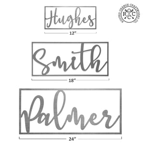 3 metal cursive family name signs within rectangle showing size comparison.