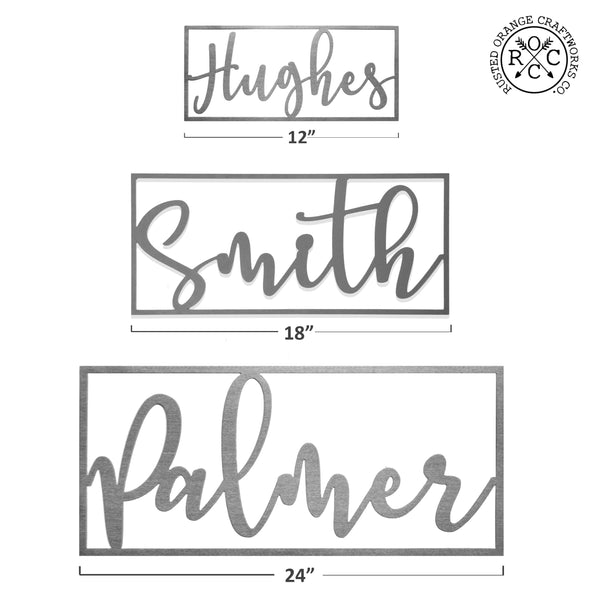 3 metal cursive family name signs within rectangle showing size comparison.