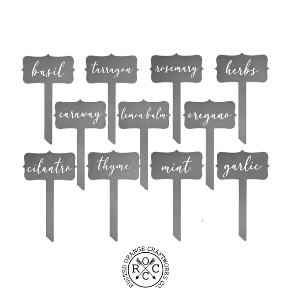 11 metal herb garden identification stakes shown against white background.