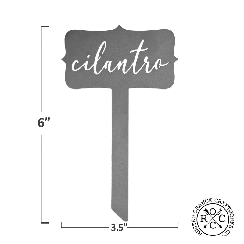 Cilantro metal herb identification stake showing dimensions of 6 inches tall by 3.5 inches wide.